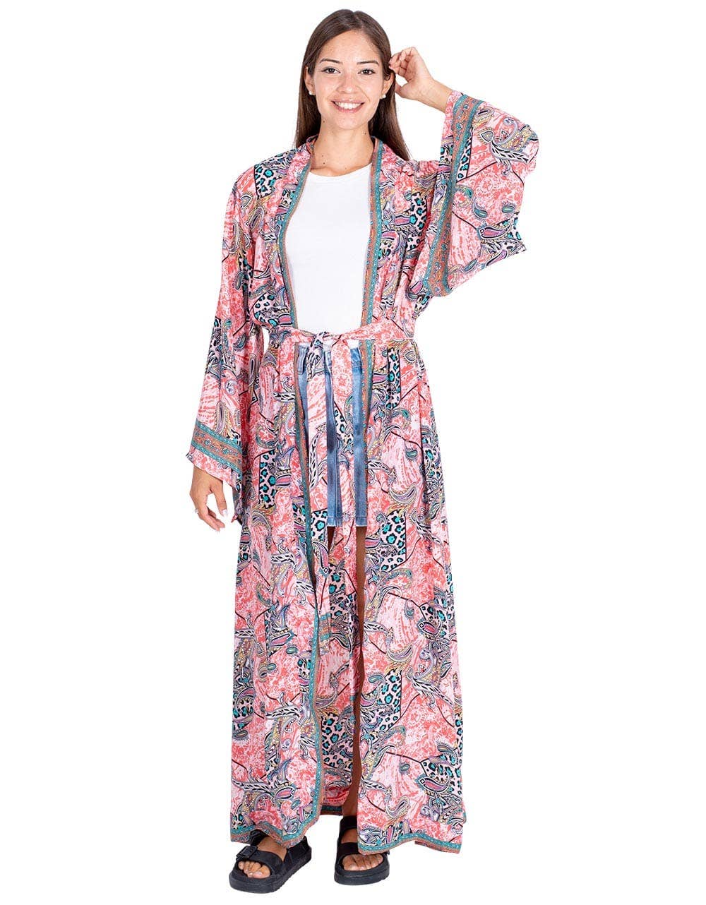 Luxurious Long Silk Kimono with Bow and Wide Sleeves