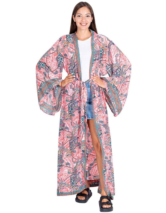 Luxurious Long Silk Kimono with Bow and Wide Sleeves