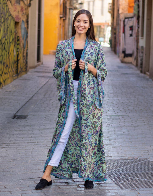 Elegant Long Kimono with Bow and Flowing Sleeves