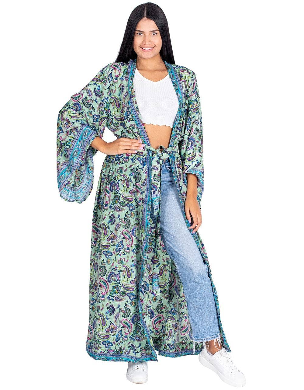 Elegant Long Kimono with Bow and Flowing Sleeves