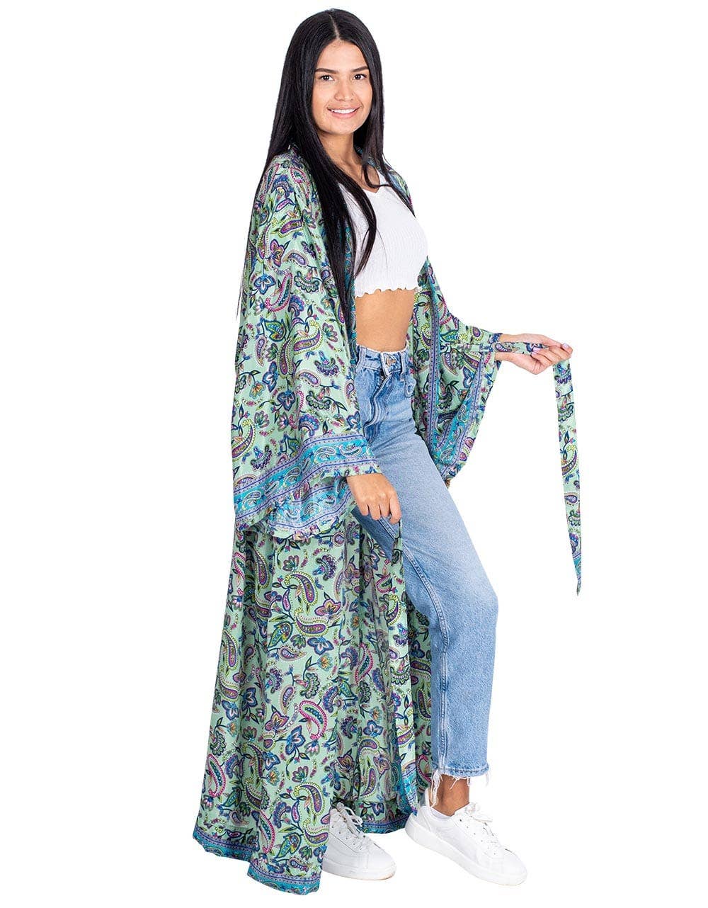 Elegant Long Kimono with Bow and Flowing Sleeves