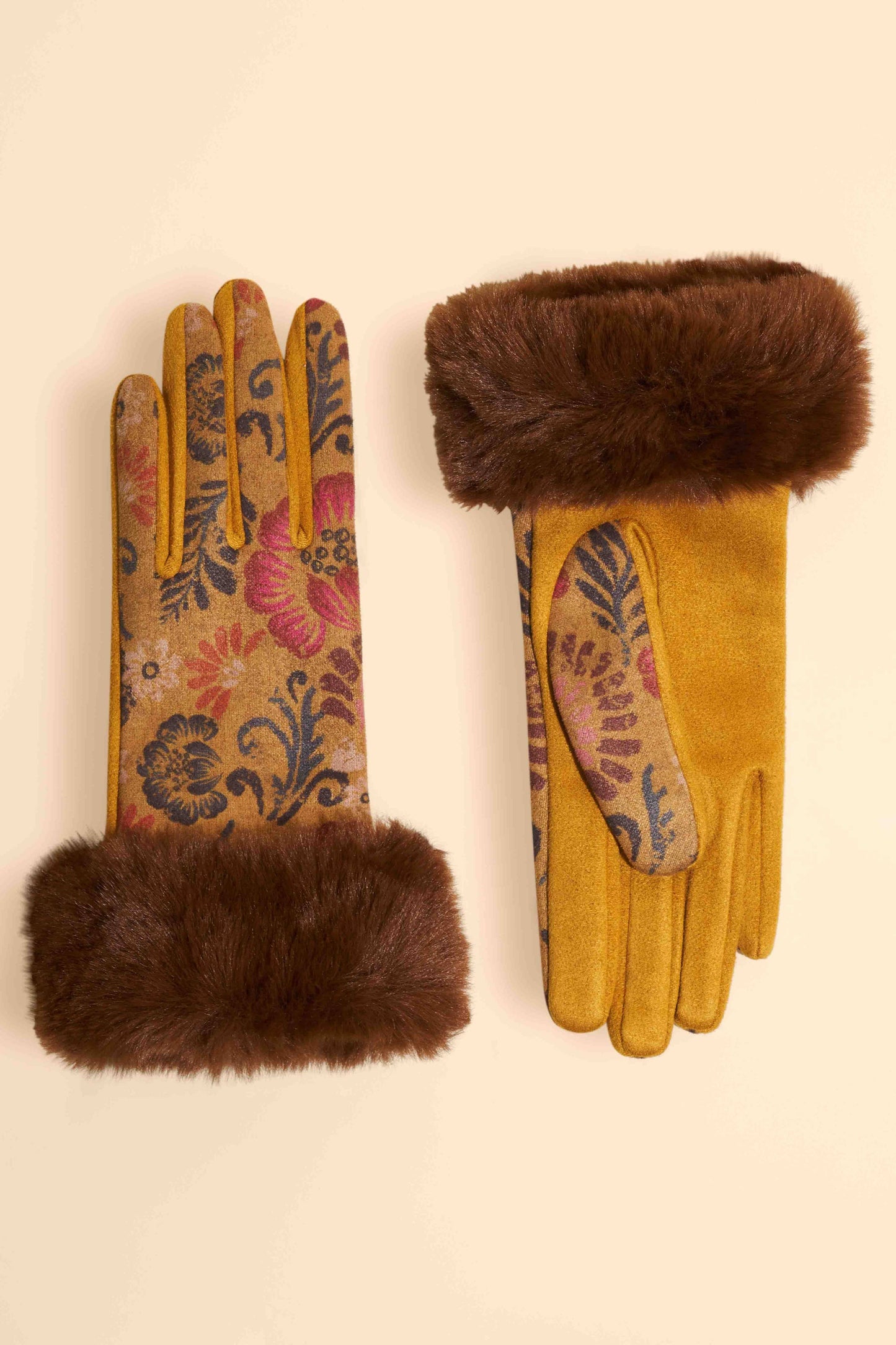 Bernadette Gloves: Sumptuous Suede in Mustard Floral Elegance