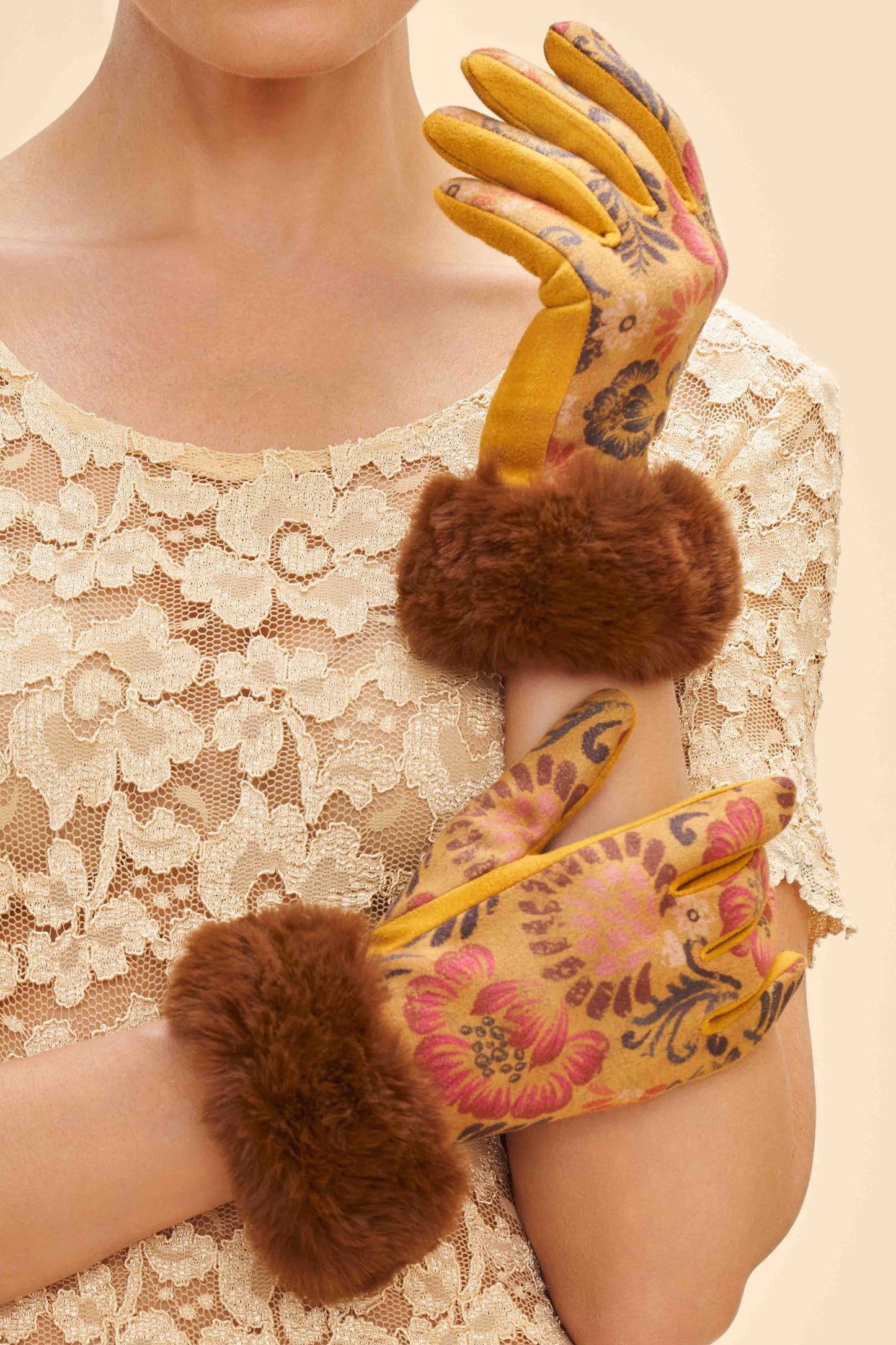 Bernadette Gloves: Sumptuous Suede in Mustard Floral Elegance