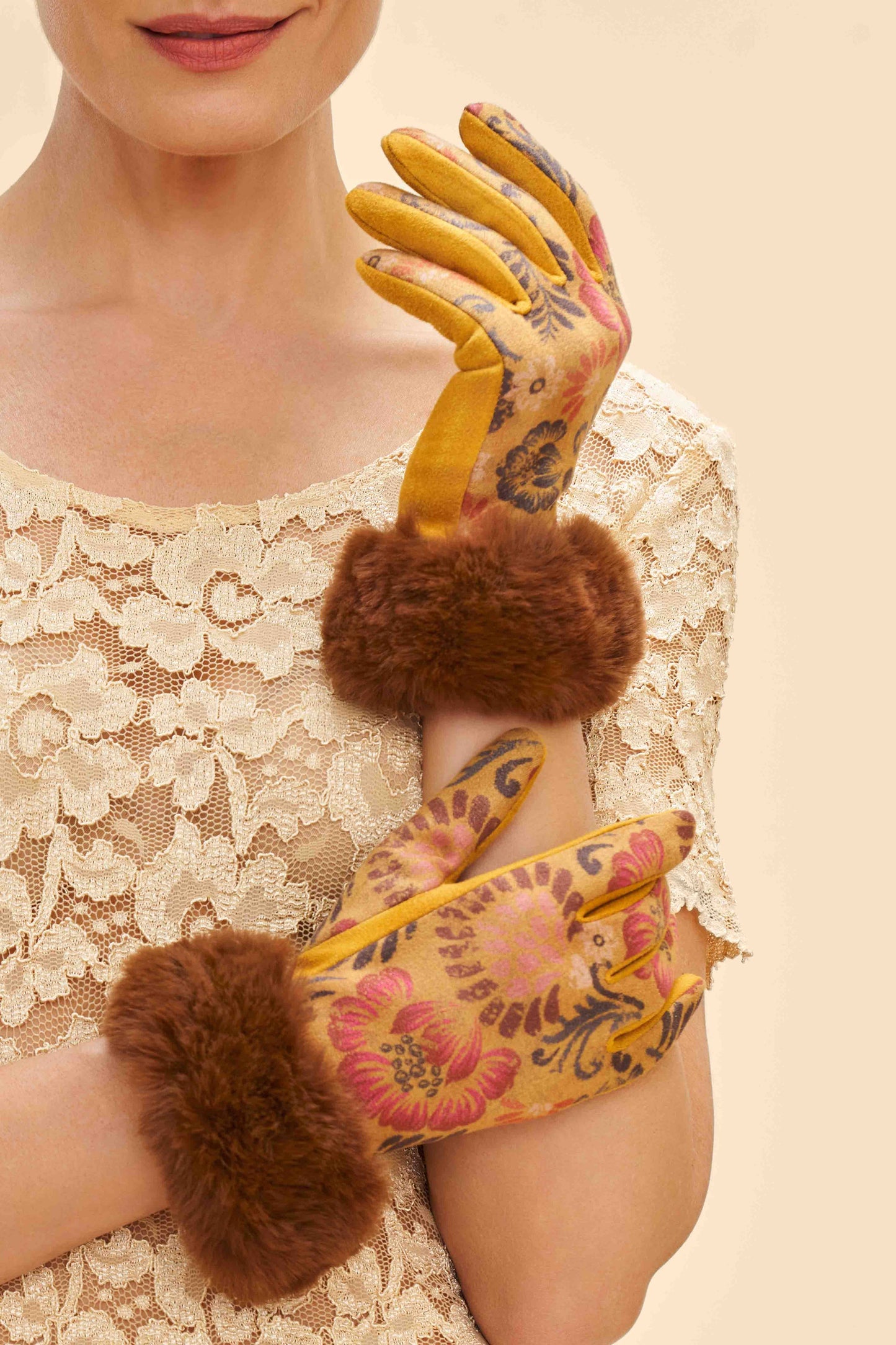 Bernadette Gloves: Sumptuous Suede in Mustard Floral Elegance