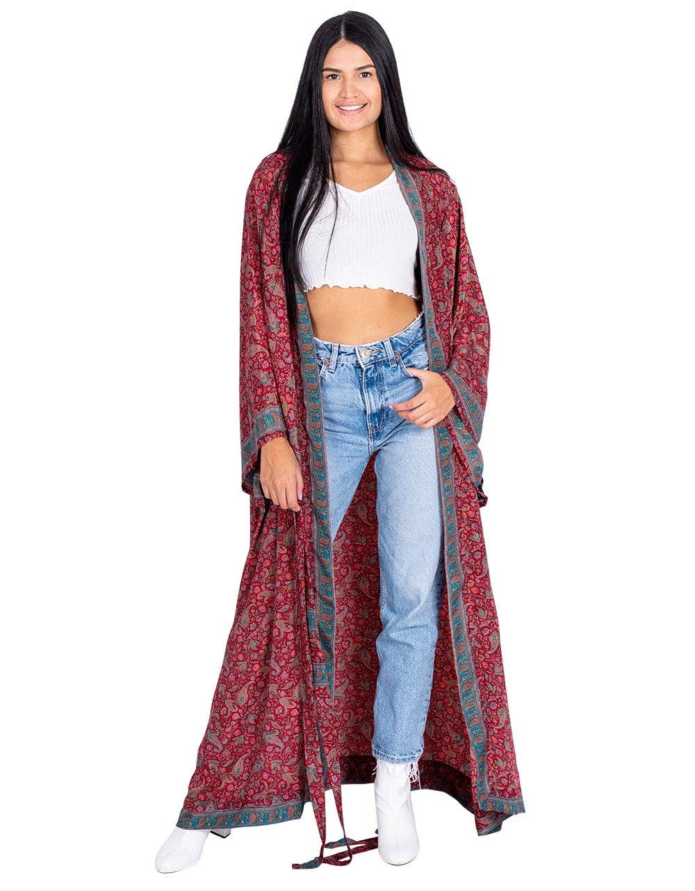 Flowing Elegance: Long Boho Kimono with Bow