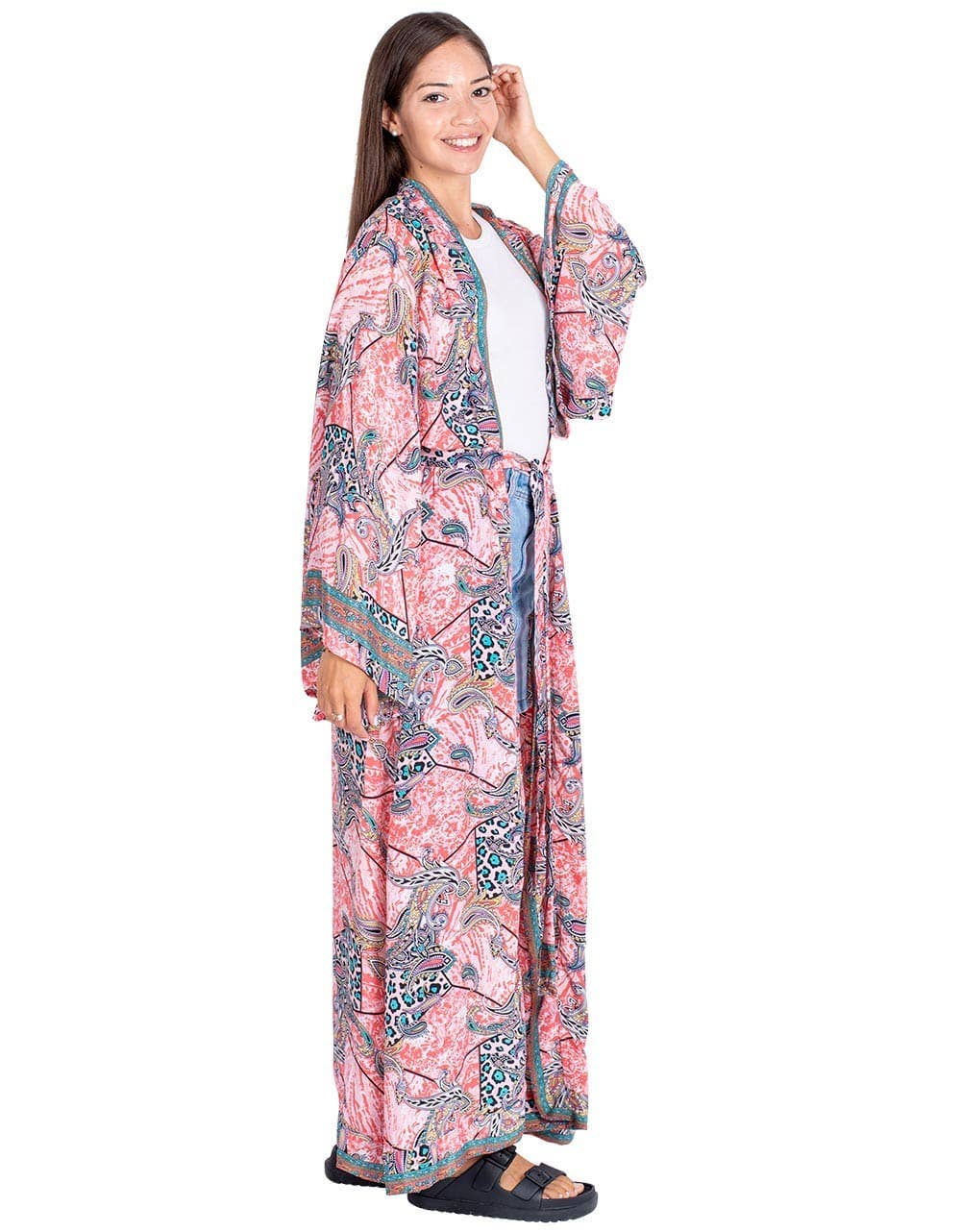 Luxurious Long Silk Kimono with Bow and Wide Sleeves