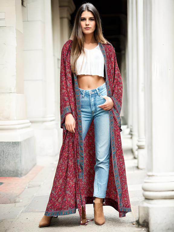 Flowing Elegance: Long Boho Kimono with Bow