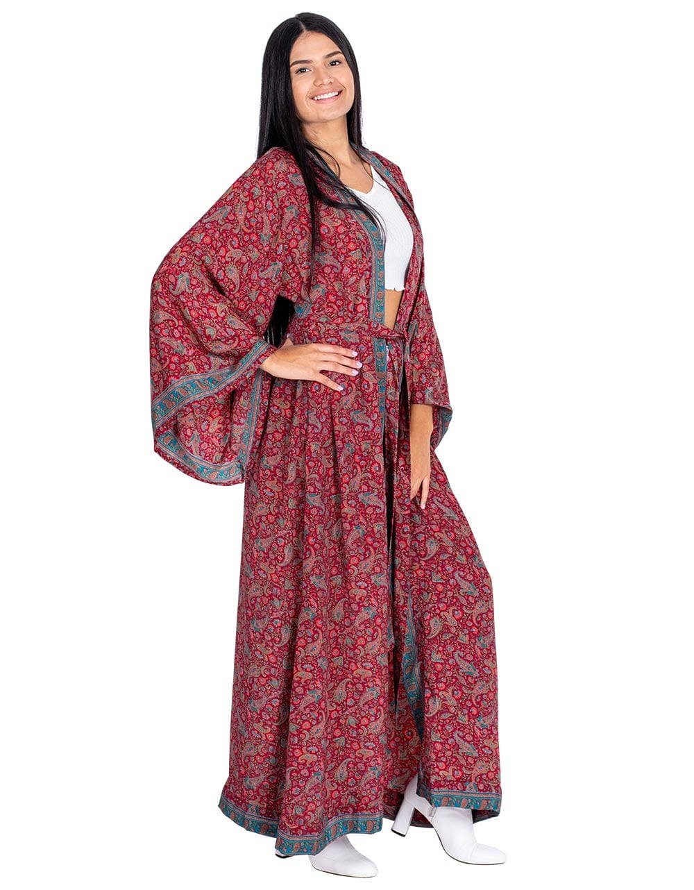 Flowing Elegance: Long Boho Kimono with Bow