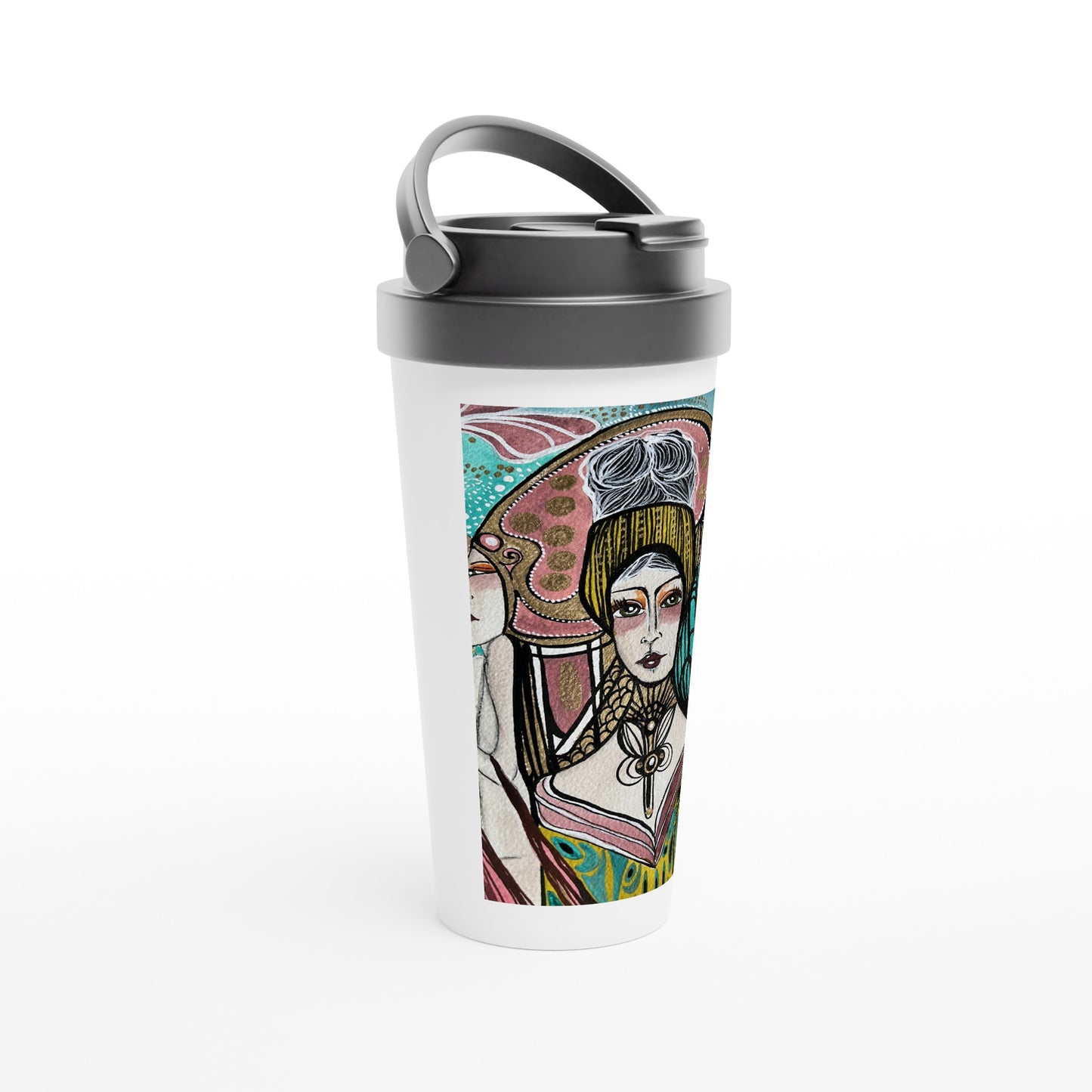 White 15oz Stainless Steel Travel Mug by Leyla Salm