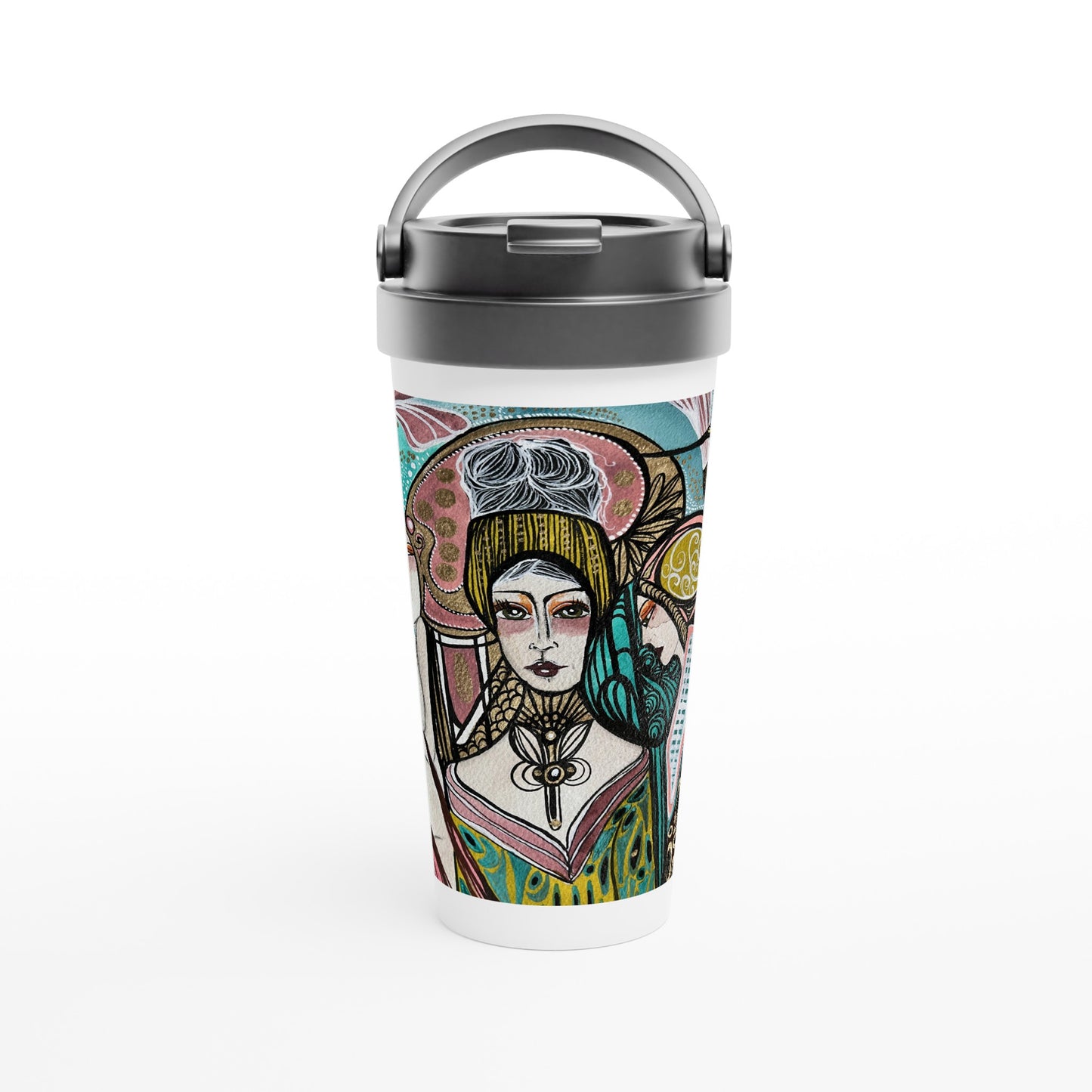 White 15oz Stainless Steel Travel Mug by Leyla Salm