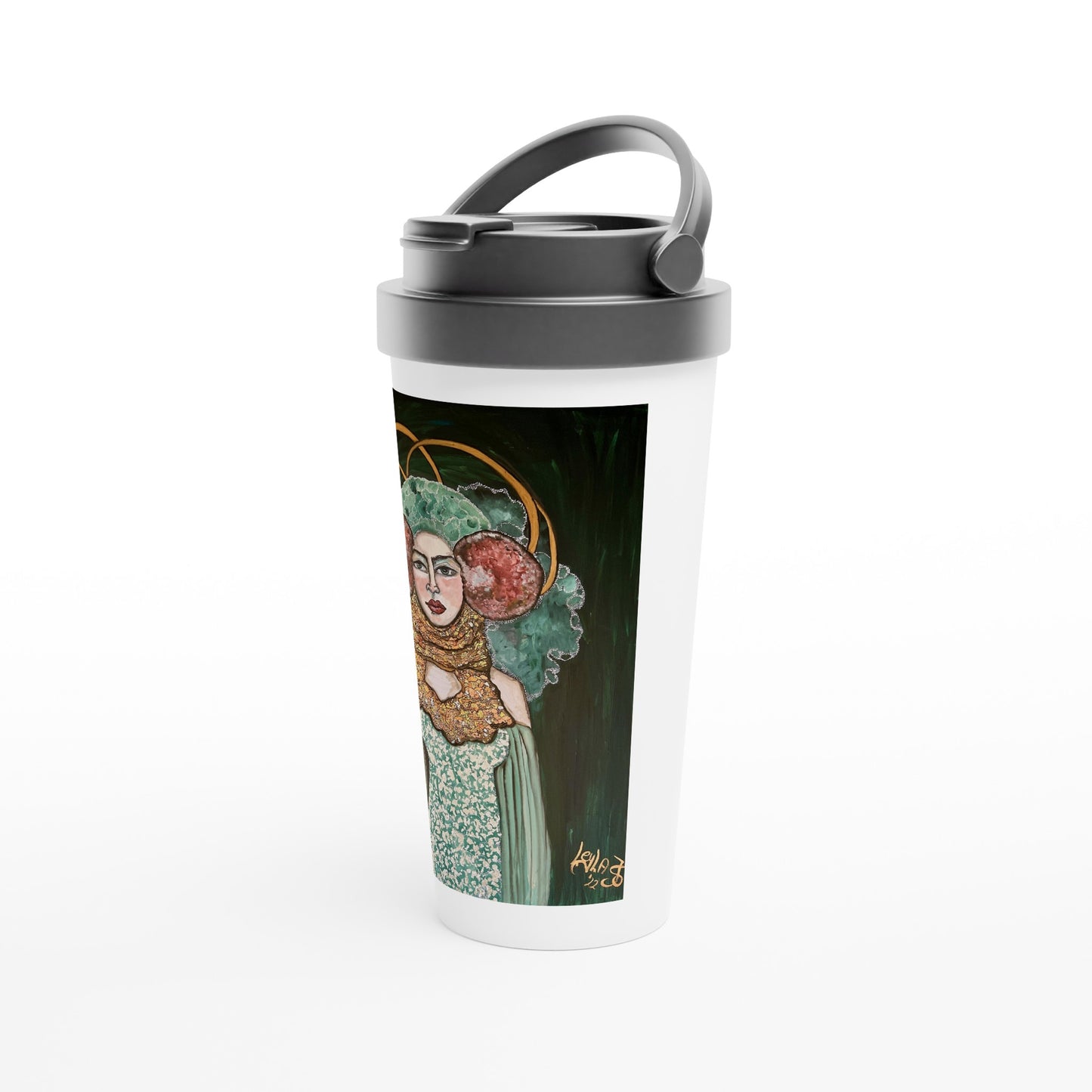 White 15oz Stainless Steel Travel Mug by Leyla Salm