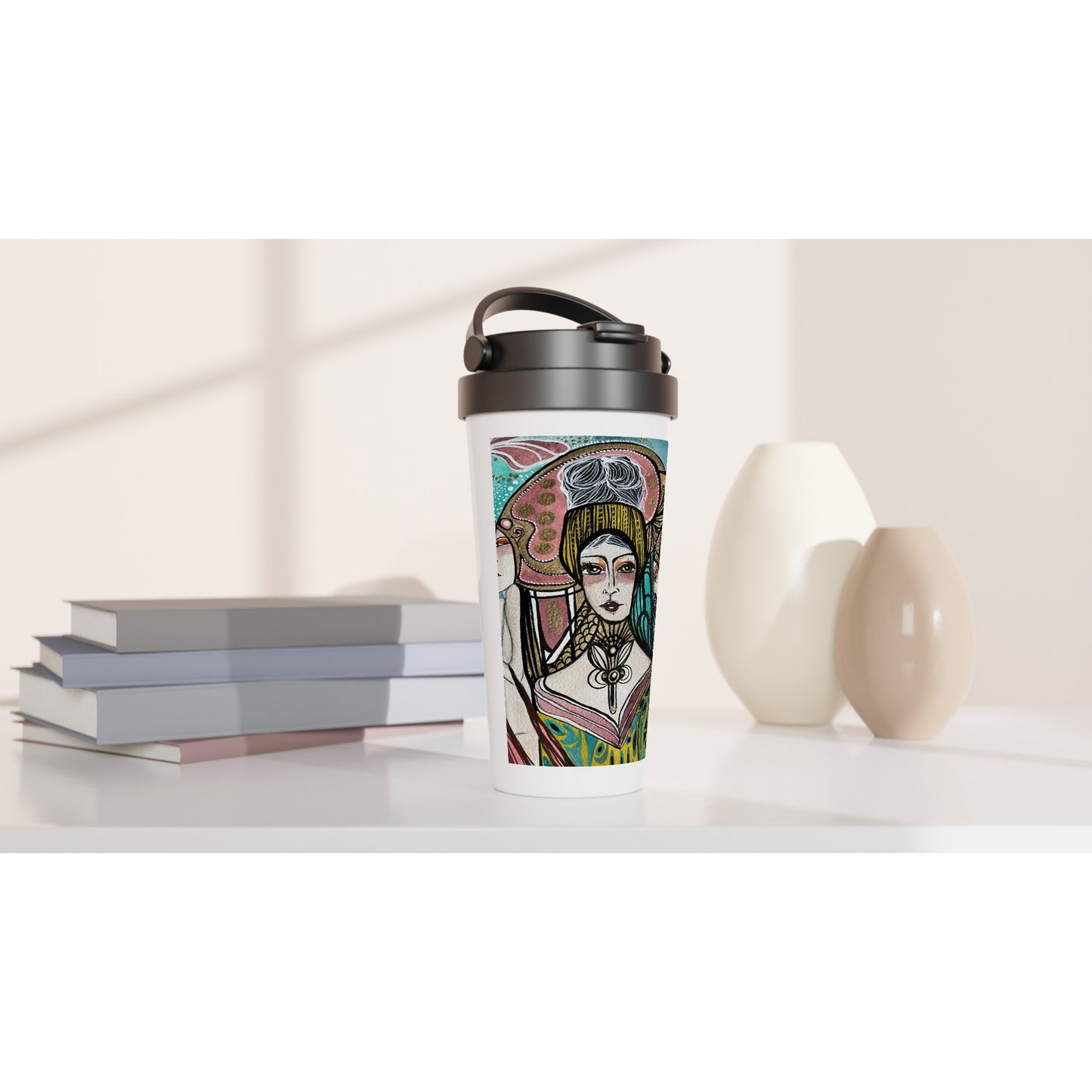 White 15oz Stainless Steel Travel Mug by Leyla Salm